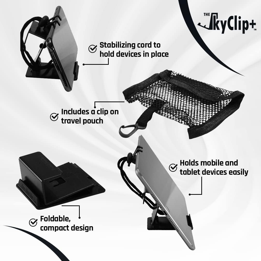 The SkyClip+ Phone & Tablet Holder for Air Travel, Home and Office Use - Inflight Phone Mount & Stand Compatible with iPhone, Android, Kindle and Tablets - Travel Accessory (Black, 3 Pack)