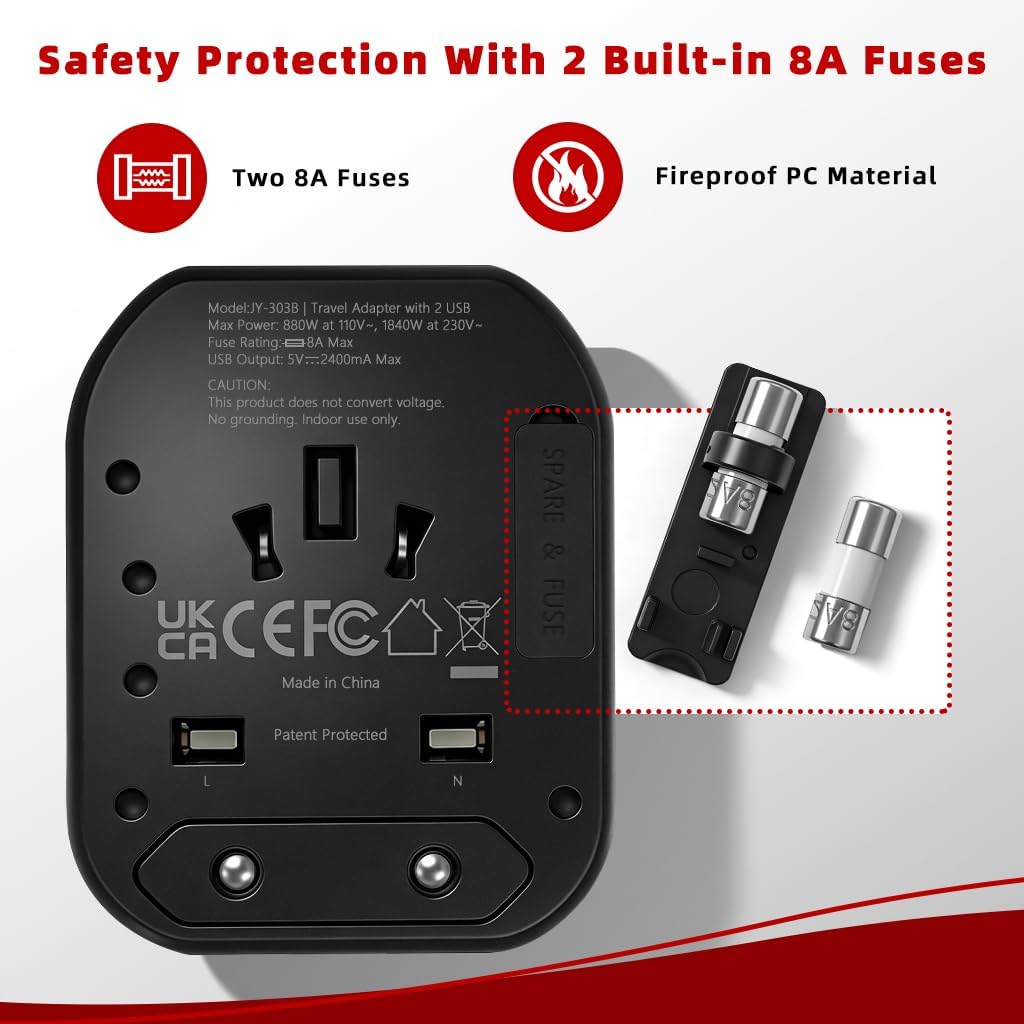 Universal Travel Adapter, Worldwide Plug Adaptor with 2 USB-A Ports