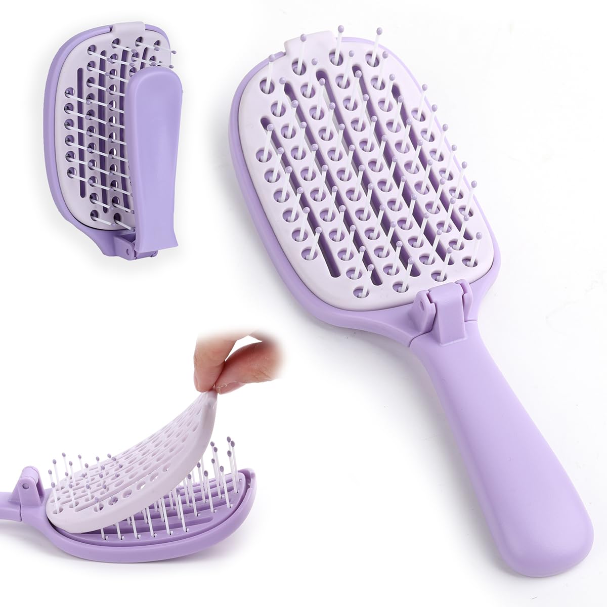Self‑Cleaning Hair Brush, Curved Vented Detangler, Foldable Travel Purple