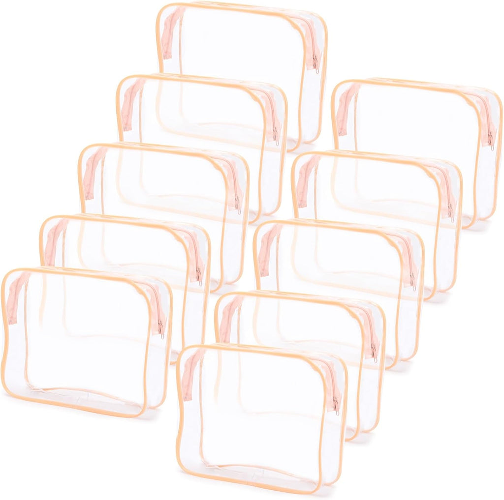 Tbestmax 10 Pack Clear Cosmetic Bags Makeup Bags Portable Waterproof TSA Approved Travel Toiletry Bags Large Organizer Peach Pink, 9.8" x 7.1" x 2.4"