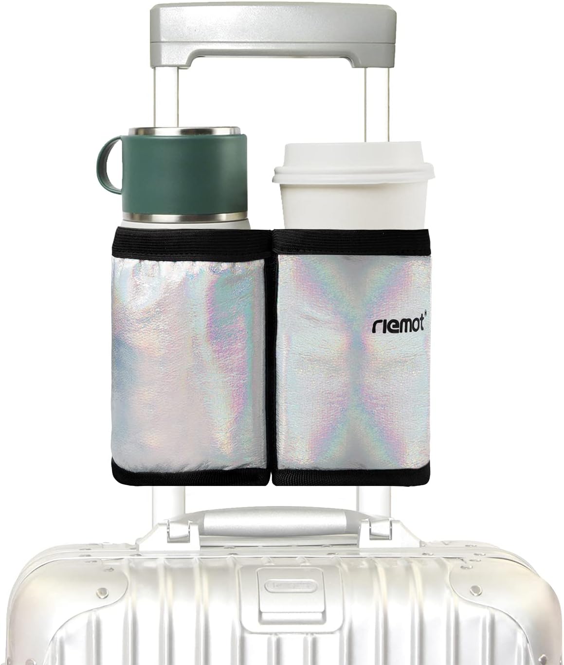 riemot Luggage Travel Cup Holder Free Hand Drink Carrier - Hold Two Coffee Mugs - Fits Roll on Suitcase Handles - Gifts for Flight Attendants Travelers Accessories Glitter Silver