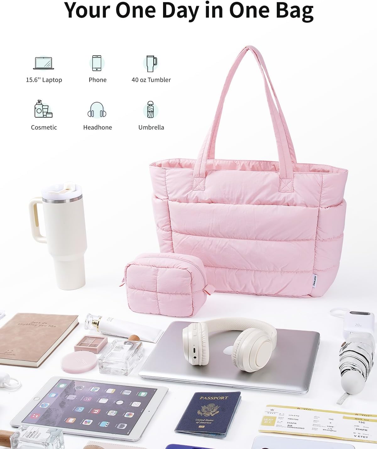 Narwey Nylon Puffer Tote Bag for Women, Quilted Work Nurse Teacher Tote Bag