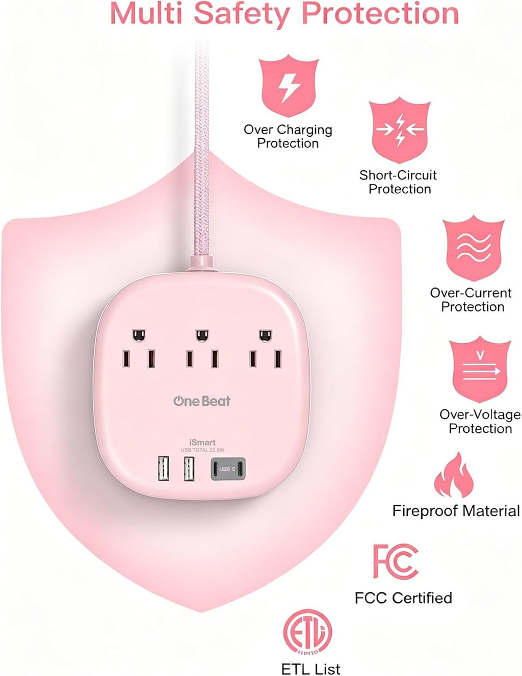 Cruise Ship Travel Essentials, 22.5W/4.5A Flat Plug Power Strip, Pink