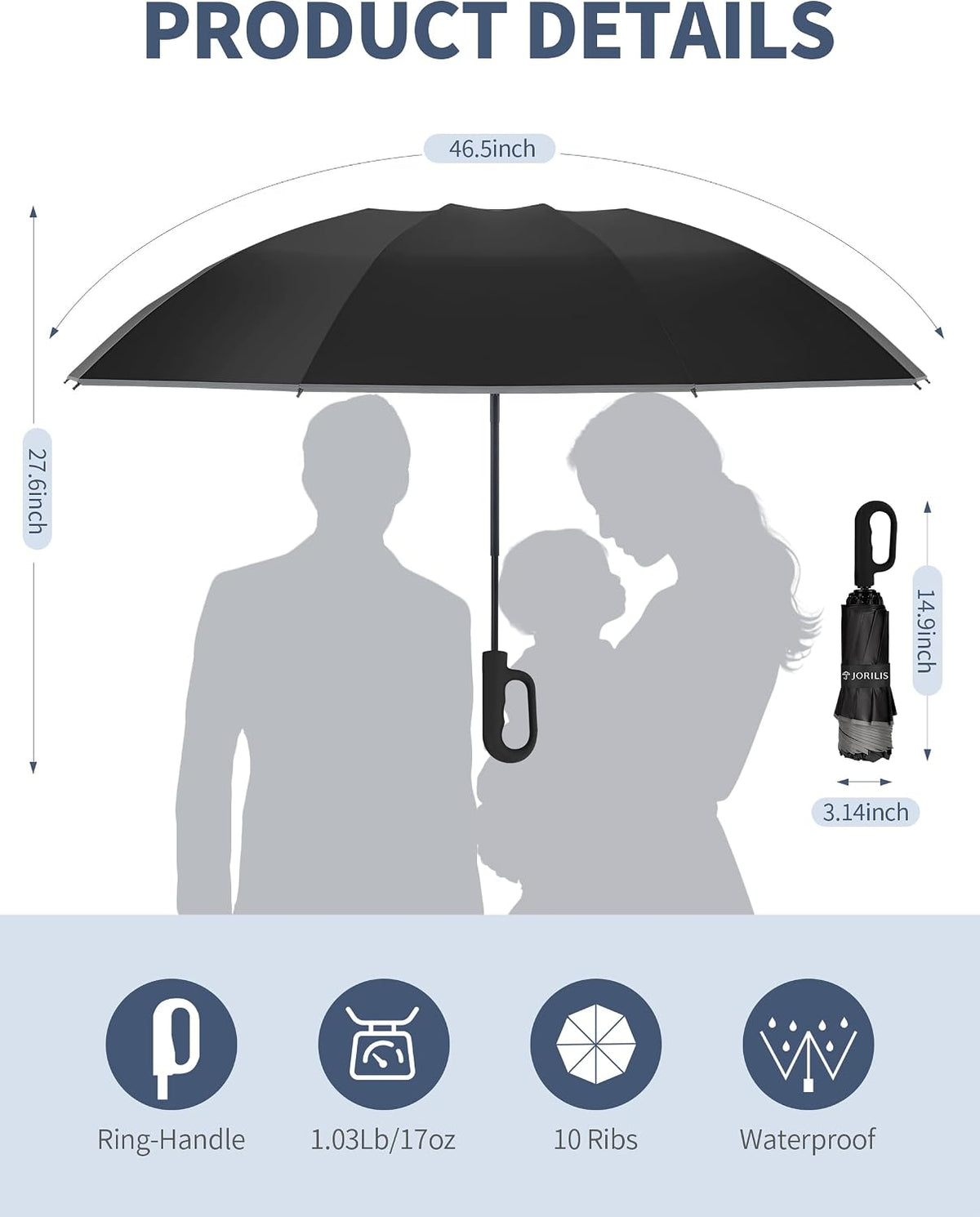 Jorilis Inverted Umbrella with Carabiner Handle, Windproof UV Sun & Rain