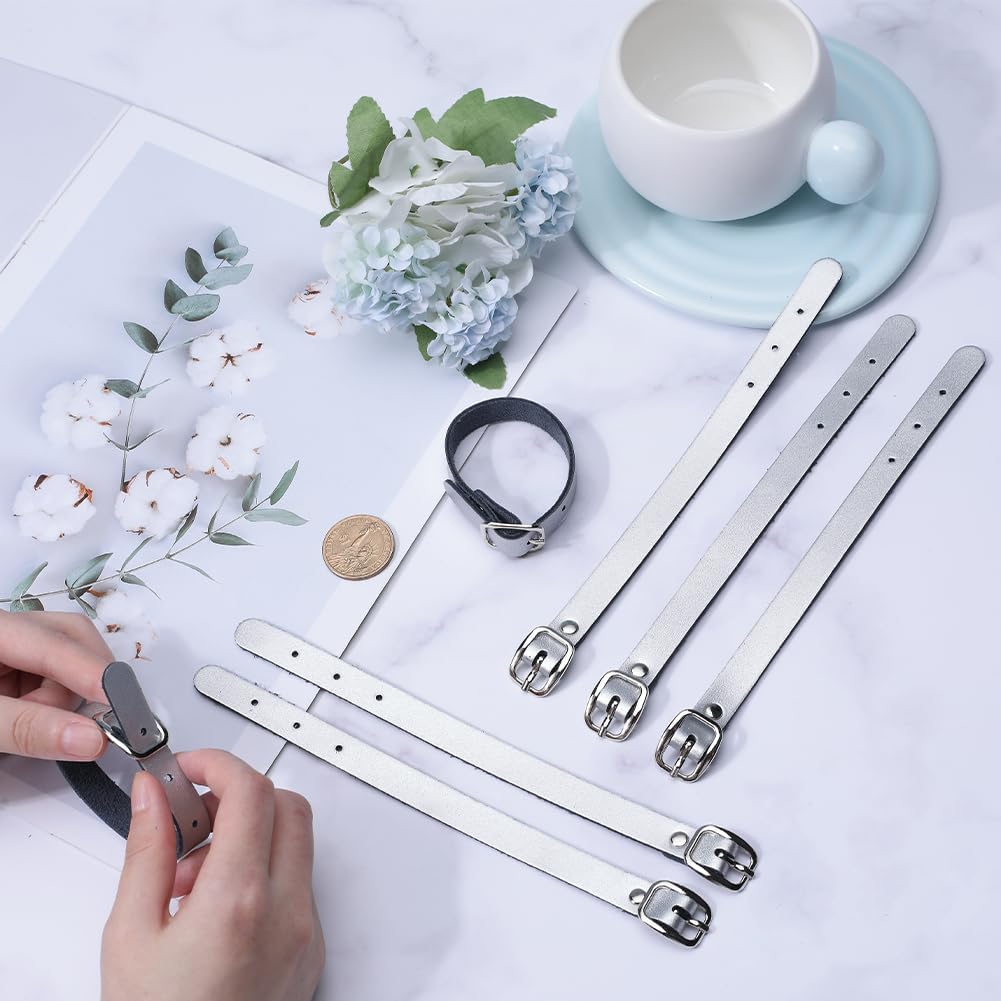 GORGECRAFT 10PCS 8 Inch Cowhide Leather Luggage Labels Strap Silver Luggage Tags Adjustable Replacement Belts with Buckle Watch Band Strap for ID Card Pass Holder Travel Storage Hanging Supplies