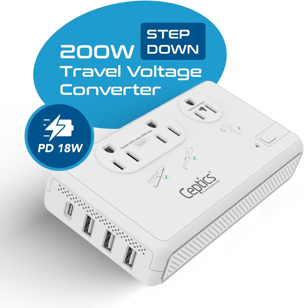 Ceptics 200W+2000W Voltage Converter, 3 USB-A + 1 USB-C, 6 SWadAPt Plugs