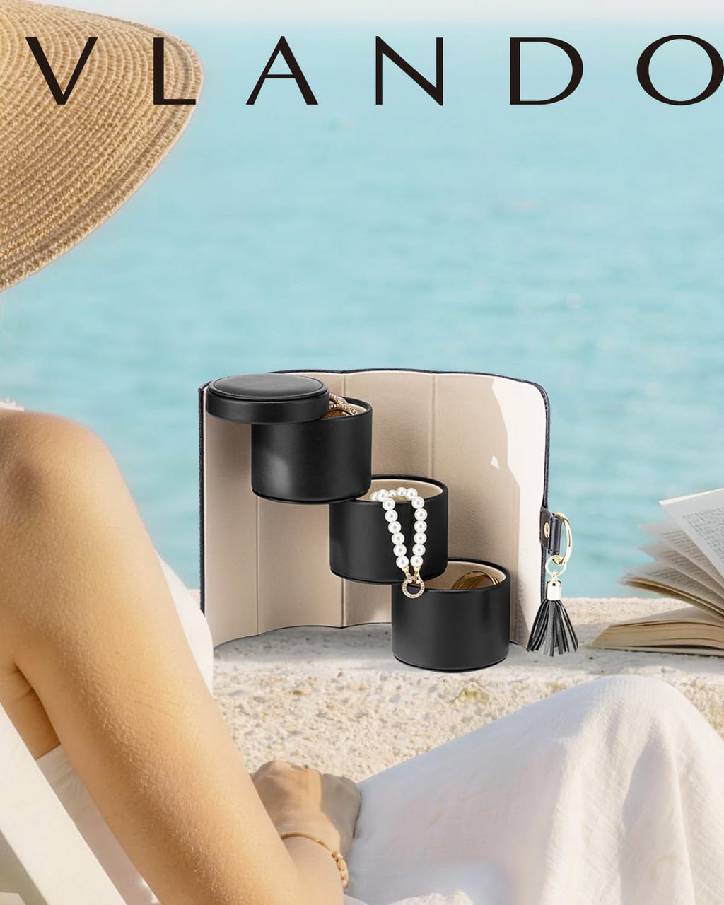VLANDO Travel Jewelry Organizer, 3 Tier Roll Up Design, Hard Shell Storage
