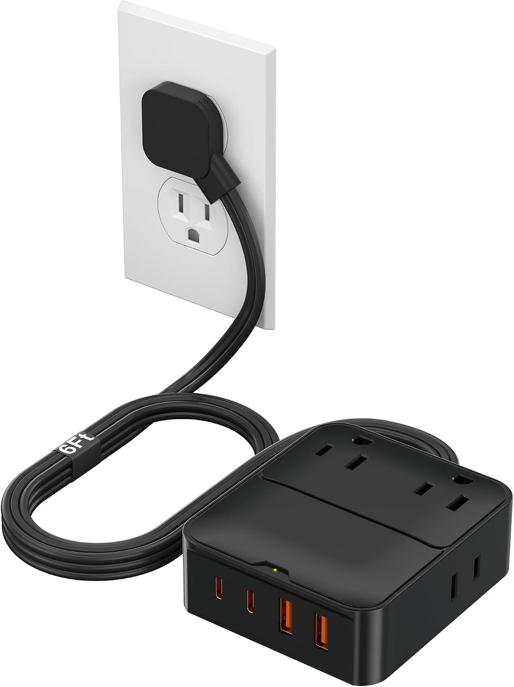Flat Plug Power Strip with USB Ports - 4 AC & 4 USB Ports (20W), 6Ft Extension Cord with Multiple Outlets, Fast USB Charging Station for Travel Office Dorm Room (Black)