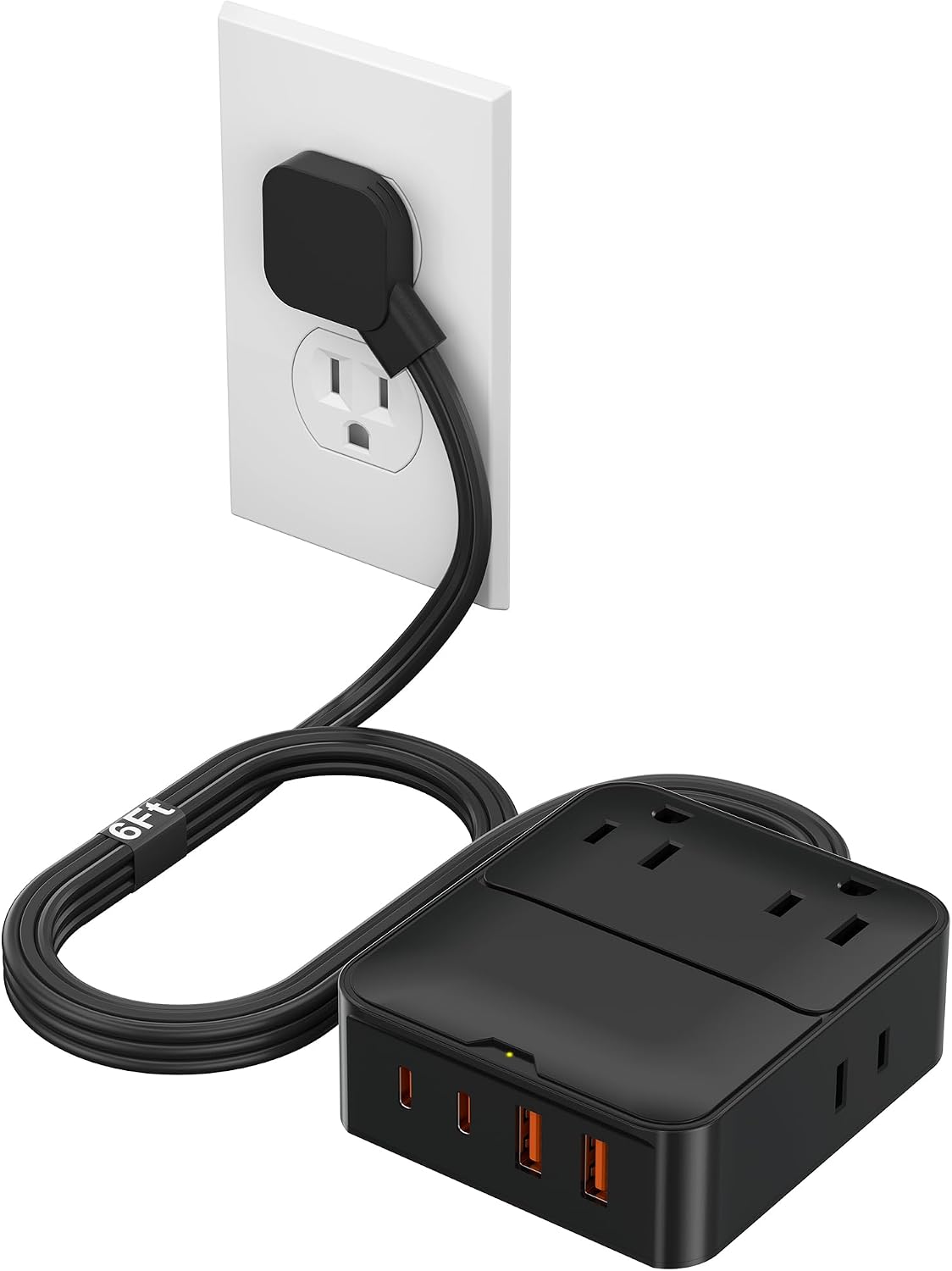 Flat Plug Power Strip with USB Ports - 4 AC & 4 USB Ports (20W), 6Ft Extension Cord with Multiple Outlets, Fast USB Charging Station for Travel Office Dorm Room (Black)
