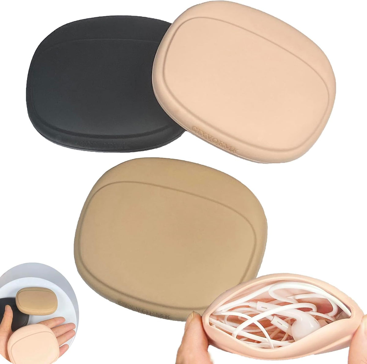 Silicone Headphone Organizer - Data Cable Storage Case - Mini Key Box - Portable Wired Headset Storage Bag (Black - Brown - Nude-3PCS)