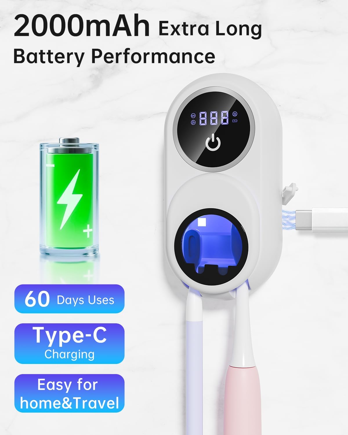 Toothbrush Holder & Toothbrush Cleaner, UV Toothbrush Sanitizer and Holder 2 Slots, Cleaning and Fan & Heat Drying, LED Smart Screen, Wall Mounted Tooth Brush Holder for Bathrooms (White)