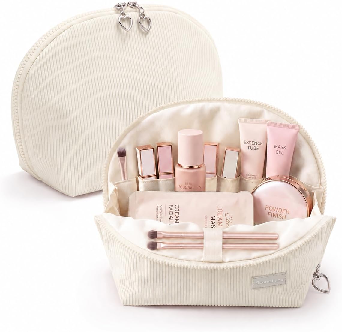 Travel Makeup Bag for Women, Magnetic Fold-Down Design, Off-white