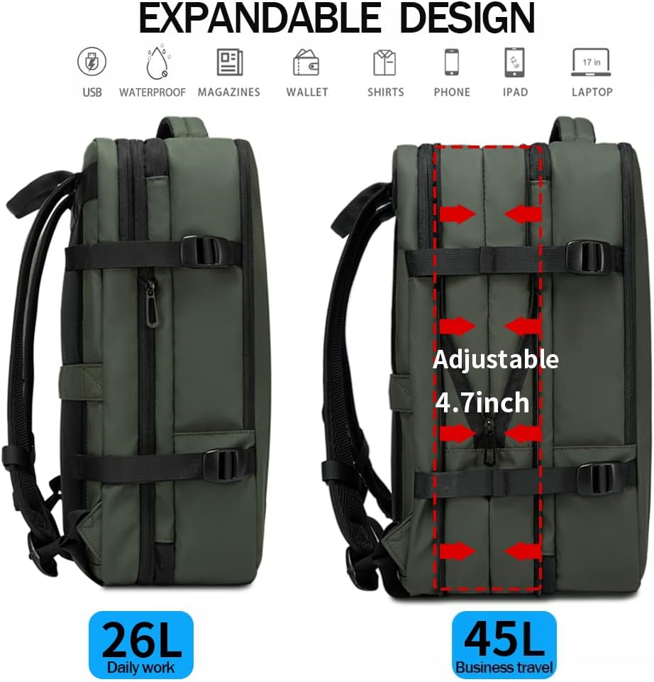 BANGE Carry-on Backpack, 45L Expandable Travel Backpacks,Weekend Backpack Briefcase,Waterproof Laptop Backpack Fits For 17.3” Laptop