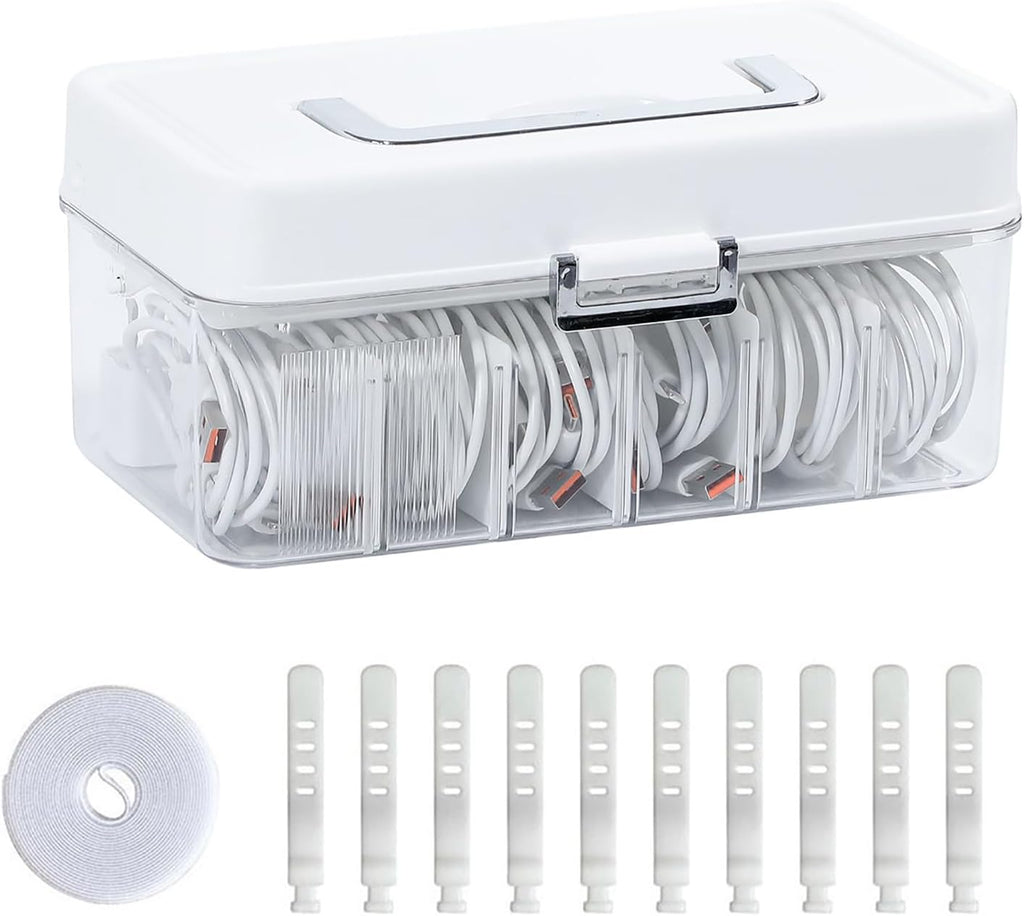 Large Cable Organizer Box with Lid and Wire Ties, Plastic