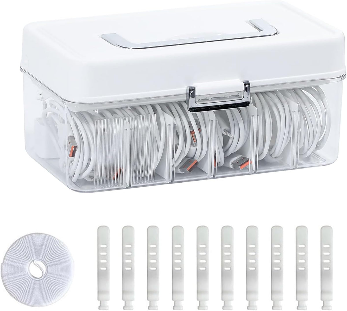 Large Cable Organizer Box with Lid and Wire Ties, Plastic