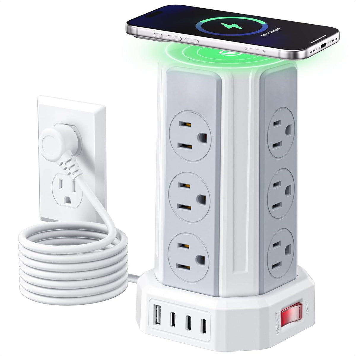 White Power Strip, 6.5 Ft Extension Cord with 12 AC Multiple Outlets 4 USB (2 USB C), SMALLRT Power Strip Tower Desktop Charging Station