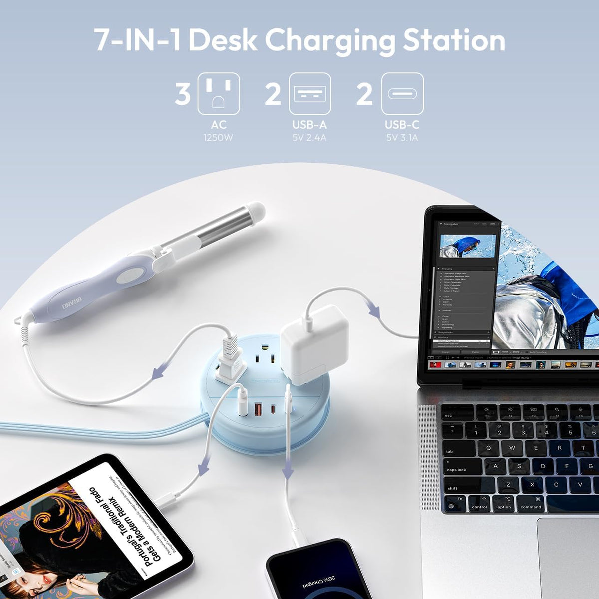 NTONPOWER Blue Travel Power Strip 20W, Travel Essentials, Cruise Essentials 3 Outlets 4 USB Ports(2 USB C), 4FT Wrapped Around Extension Cord for Travel Cruise Ship Beach Vacation Essentials