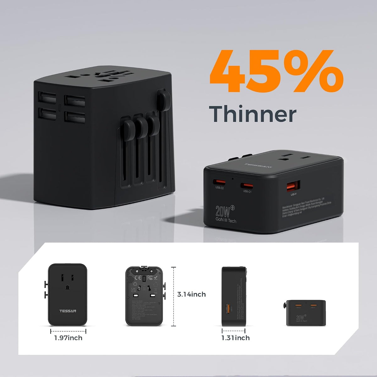 TESSAN 20W International Power Adapter, Black