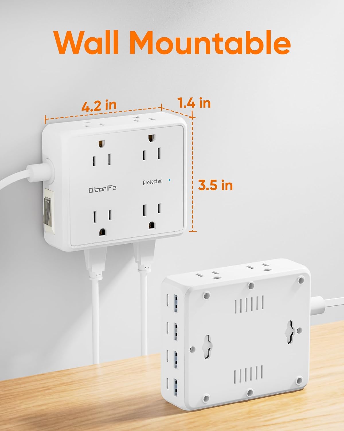Olcorife Flat Plug Power Strip with 15 FT Extension Cord, 8 Outlets 8 USB Ports(4 USB C), 3 Sided Outlet Extender for Home Office Travel Dorm Room Essentials, White