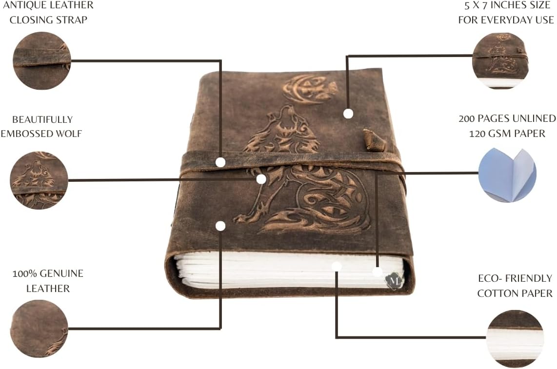 Wolf Vintage Leather Journal Sketch book For Men Women - 200 pages Notebook Diary Dnd Travel Bullet Wolves Antique Large Vintage Bound Writing Gift 5 x 7 inch Dark Brown