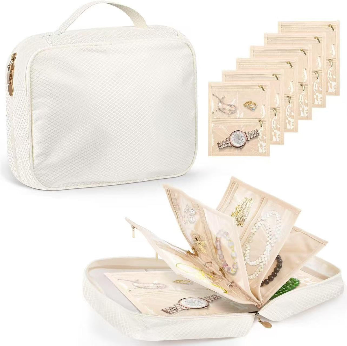 GSXRB Jewelry Organizer Travel Portable Earring Necklace Ring Jewelry Organizer Large Capacity Foldable Multi-Layer Classified Storage Bag Waterproof Antioxidant Organizer (beige)
