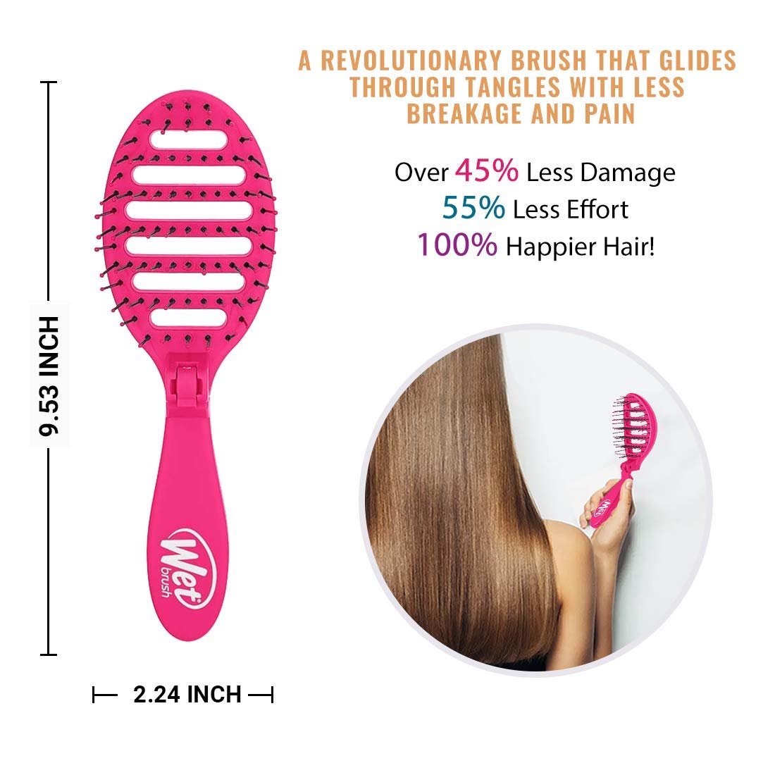 Wet Brush Pop & Go Speed Dry Hair Brush - Pink - Vented Design and Ultra Soft HeatFlex Bristles Are Blow Dry Safe- Travel Size - Manages Tangle and Uncontrollable Hair - Pain-Free
