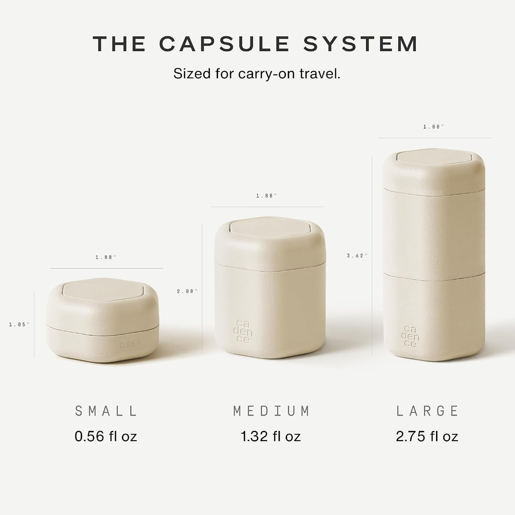 Cadence Travel Containers - 6 Piece Haircare Set - Magnetic Travel Capsules - 2 Small & 4 Medium Capsules - Shampoo, Conditioner, Leave-In Conditioner, Comb, Hair Serum, Hair Gel Labels - Sand