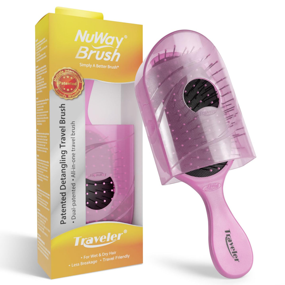 NuWay® Traveler® Patented Compact Hair Brush for Purse, Gym & Daily Carry - Gentle Detangling Brush for Wet or Dry Hair, Everyday Scalp Comfort (Petal Pink)
