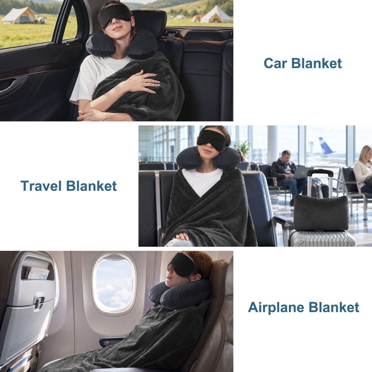 KAWAHOME Travel Blanket Airplane Compact Set with Neck Pillow, Eye Mask