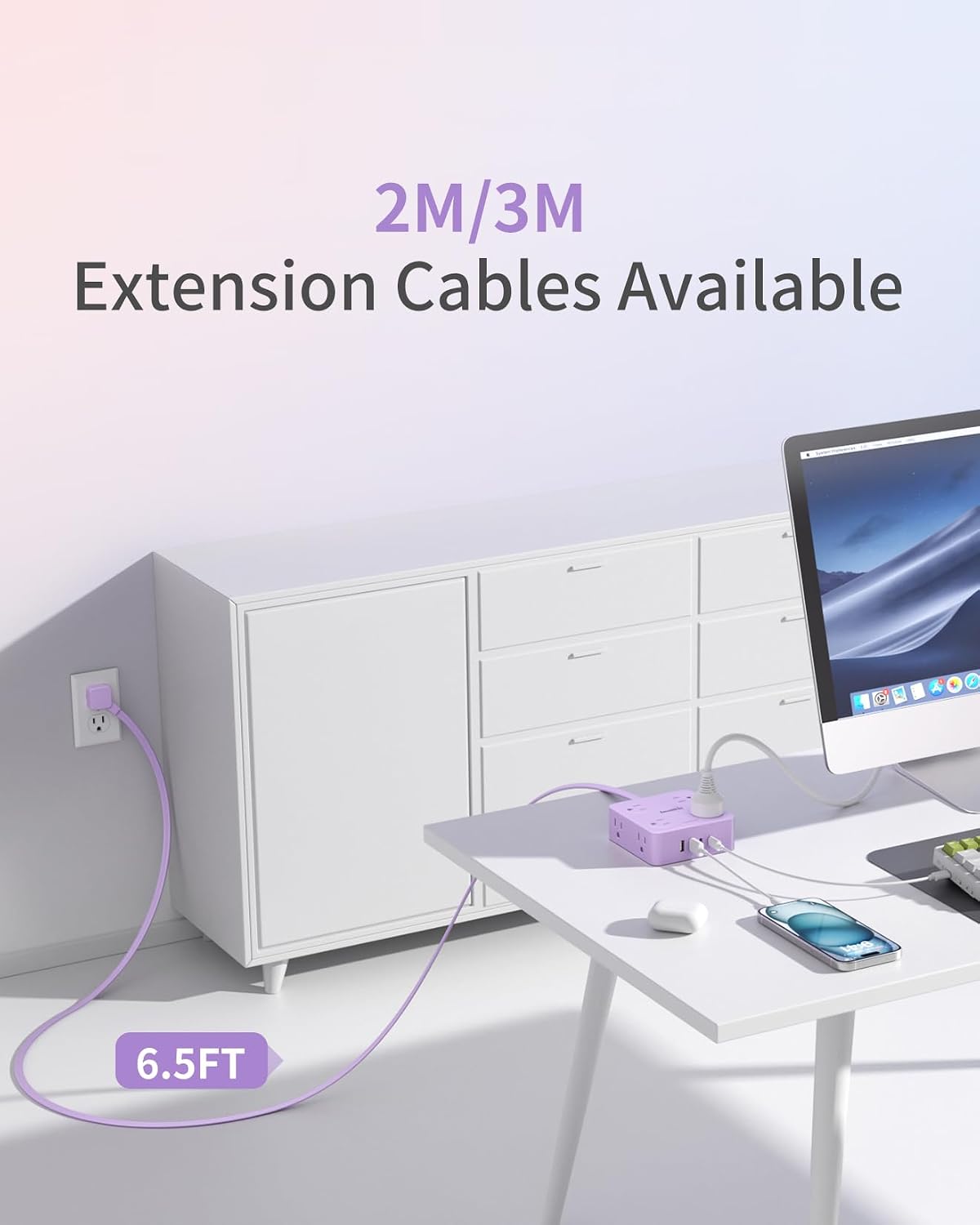 Extension Cord with Multiple Outlets, SMALLRT 10FT Flat Plug Power Strip, Power Strips with USB Ports, 8 Outlets, Outlets Extender for Home Office, Purple