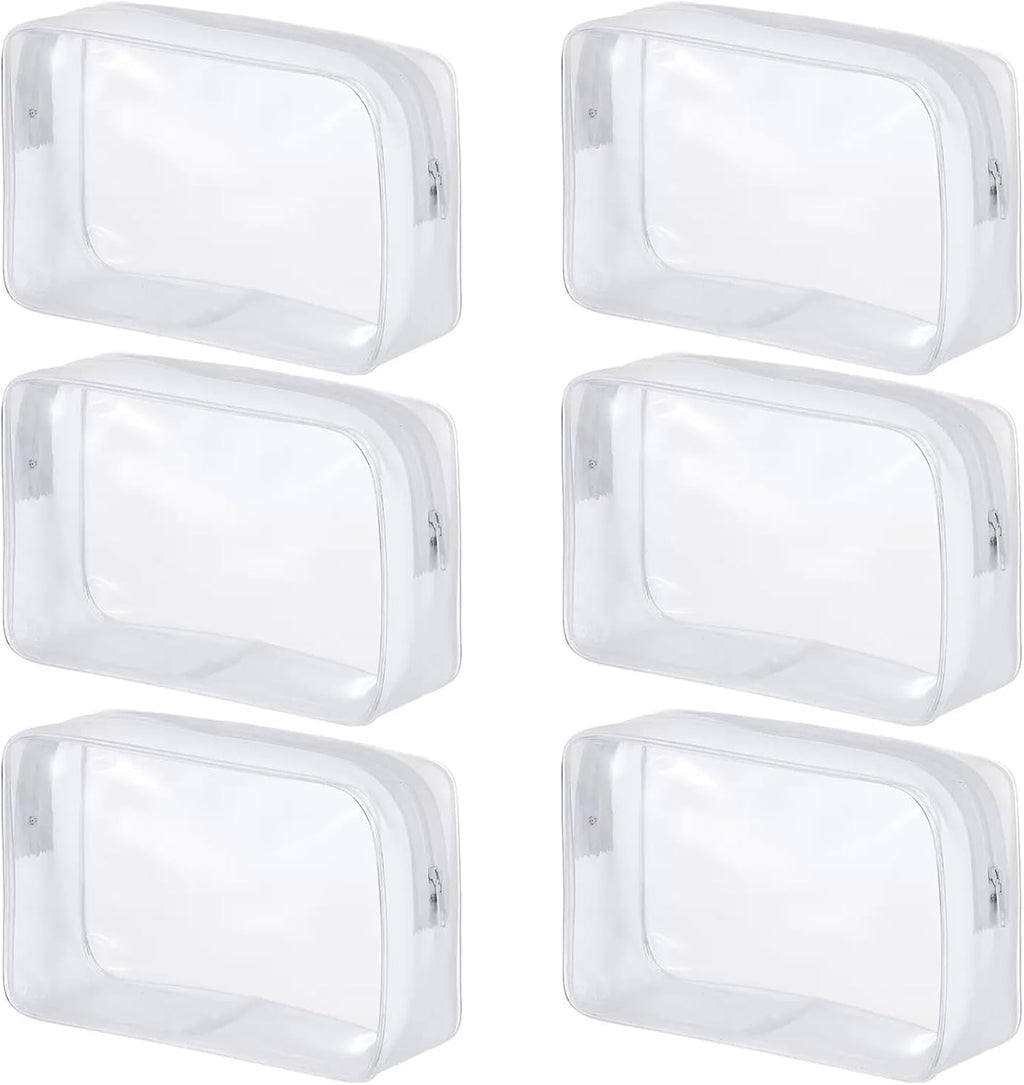 6 Pack Clear PVC Zippered Travel Cosmetic & Toiletry Organizer Bag Set for Makeup, Shower Essentials - White