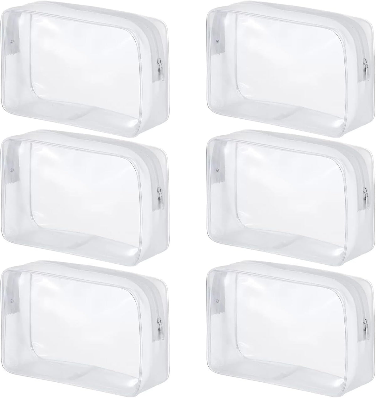 6 Pack Clear PVC Zippered Travel Cosmetic & Toiletry Organizer Bag Set for Makeup, Shower Essentials - White