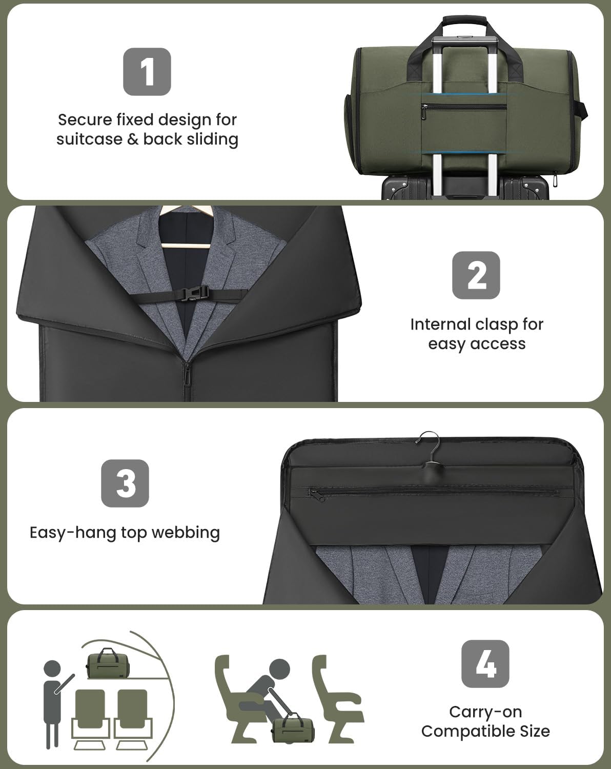 Convertible Garment Bags for Travel, 47L Garment Duffle bag for Hanging Clothes, 3 in 1 Suit Travel Bag for Business Trips with Shoulder Strap, Carry On Suit Luggage for Men,Green