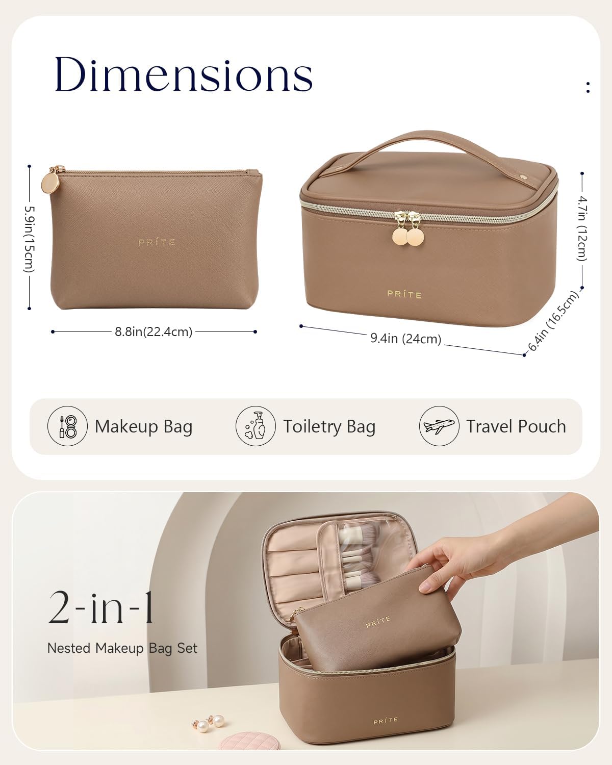 Prite Makeup Bag Travel Cosmetic Case, Toiletry Bag Organizer, Brown Set