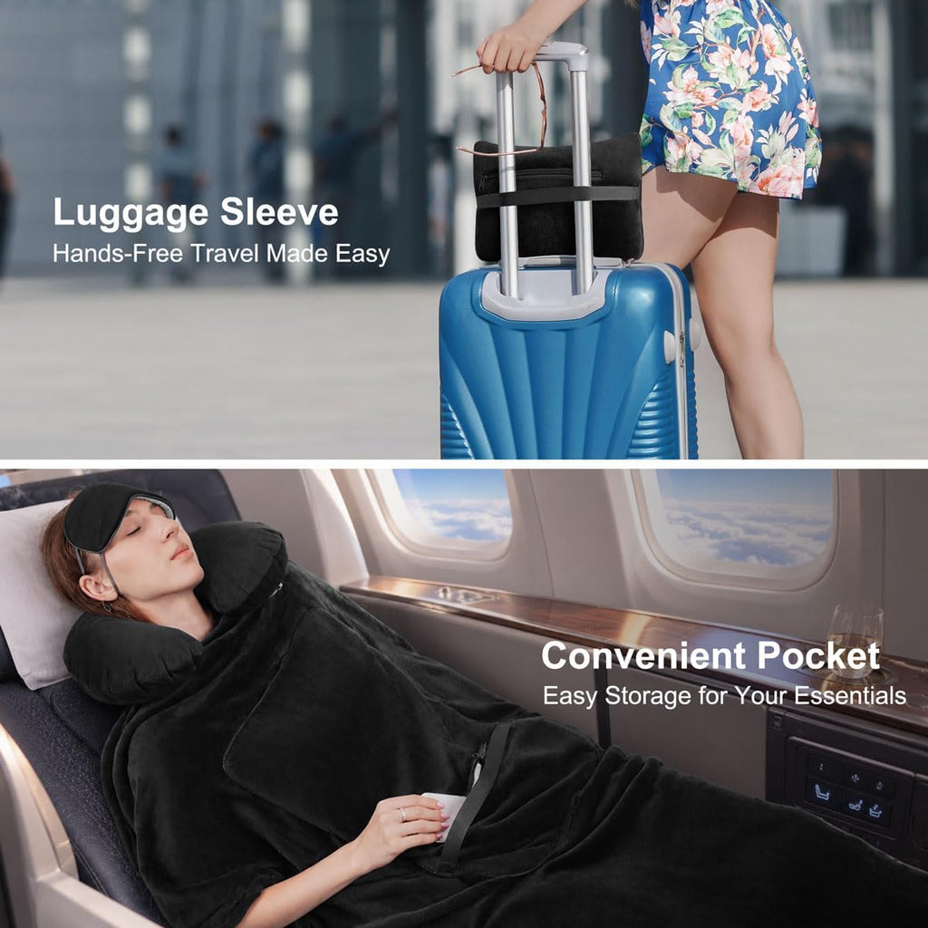 KAWAHOME Travel Blanket Airplane Compact Set with Neck Pillow, Eye Mask