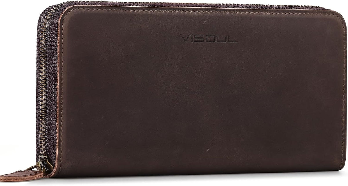 VISOUL Long Zip Around Pouch Wallet for Men Crazy Horse Leather with RFID Blocking, Large Clutch Cash Long Travel Wallet with 12 Card Slots-Coffee