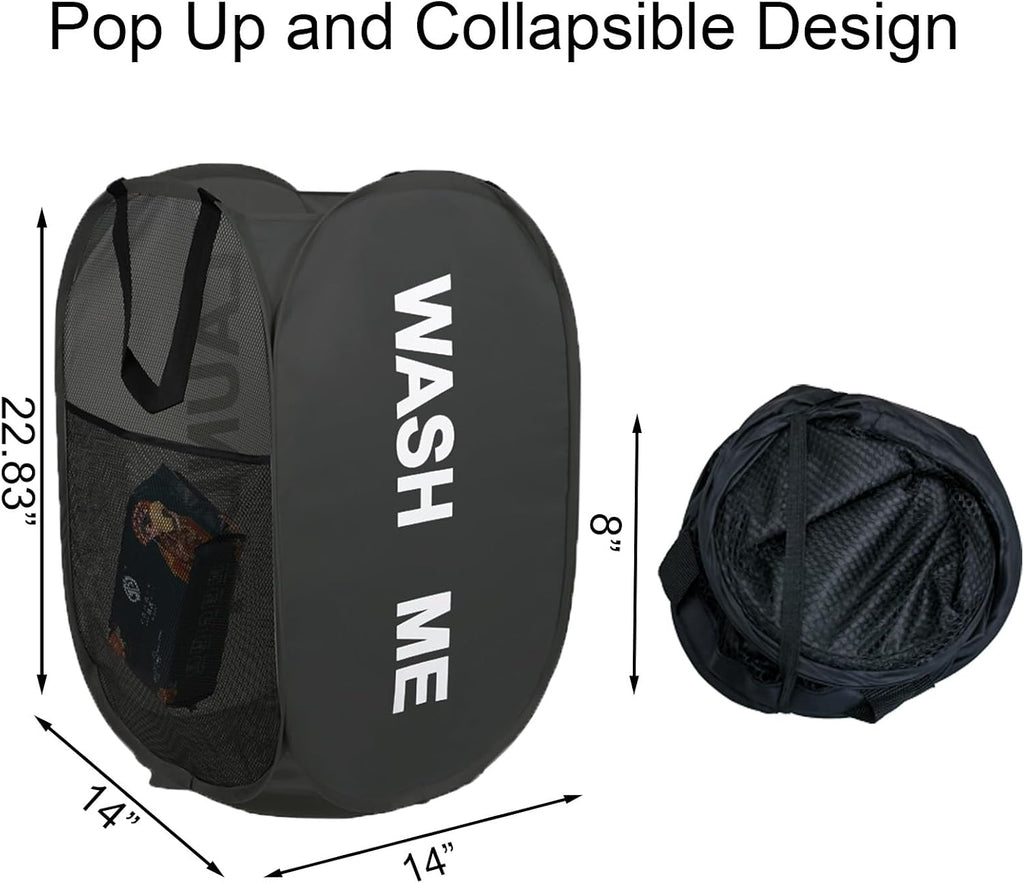 2Pack Mesh Pop Up Laundry Hamper, Foldable Laundry Basket with Side Pocket for Bedroom, Laundry Room, Travel, Cruise (Black+Blue)