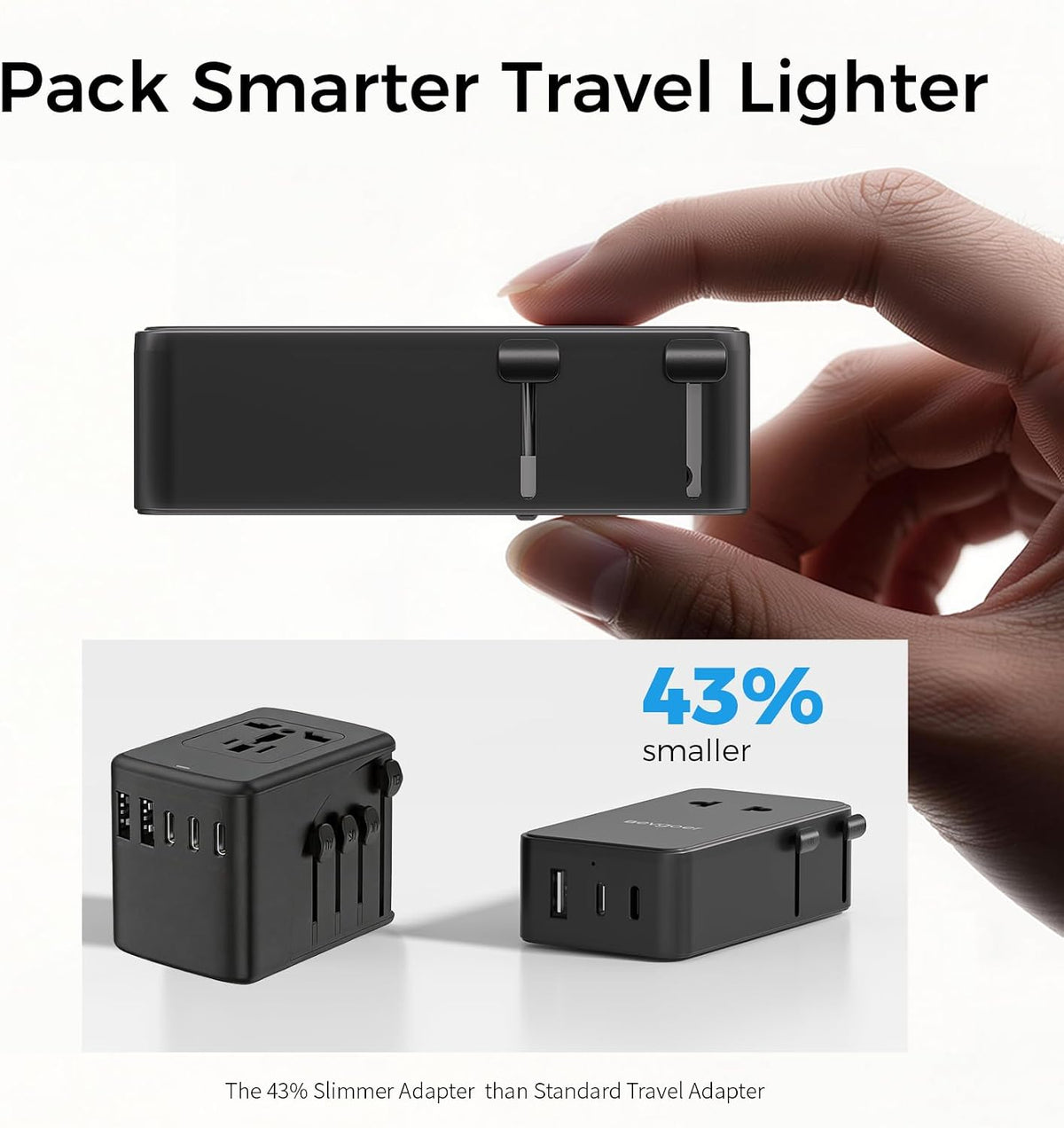 Universal Travel Adapter, International Power Adapter with 1 AC Outlet, 1 USB-A & 2 USB-C Ports, Works in 150+ Countries (US/EU/UK/AU), Not a Voltage Converter