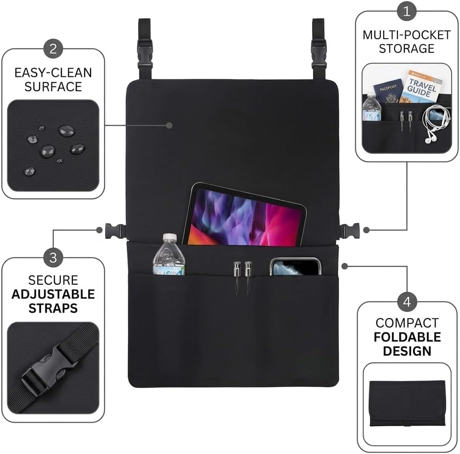 Airplane Seat Back Organizer Travel Storage Bag with Media Holder