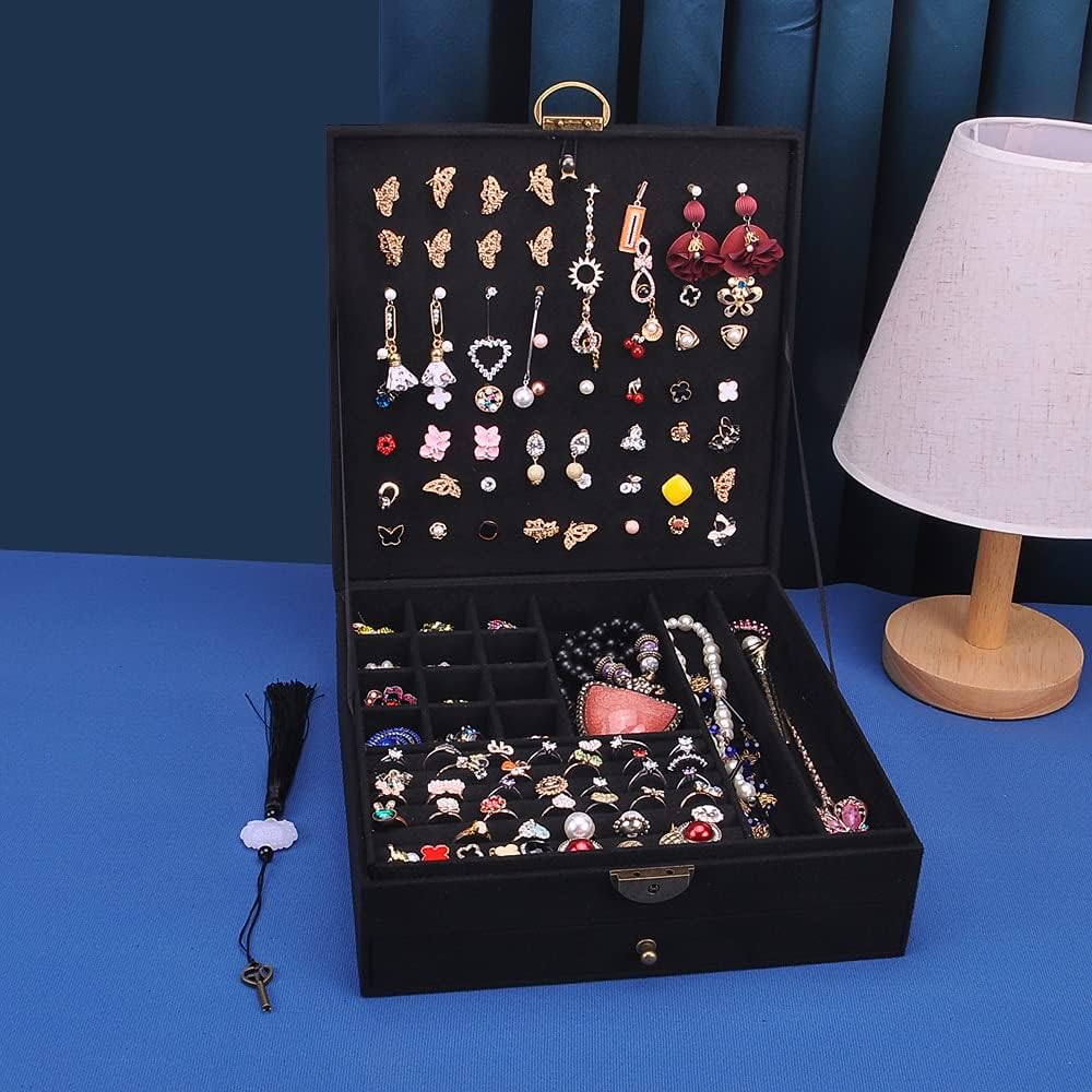 Women Jewelry Box Lockable 3 Layers Large Jewelry Organizer Storage Case for Earrings Necklaces Rings Bracelets,Green Display Jewel Holder (Black)