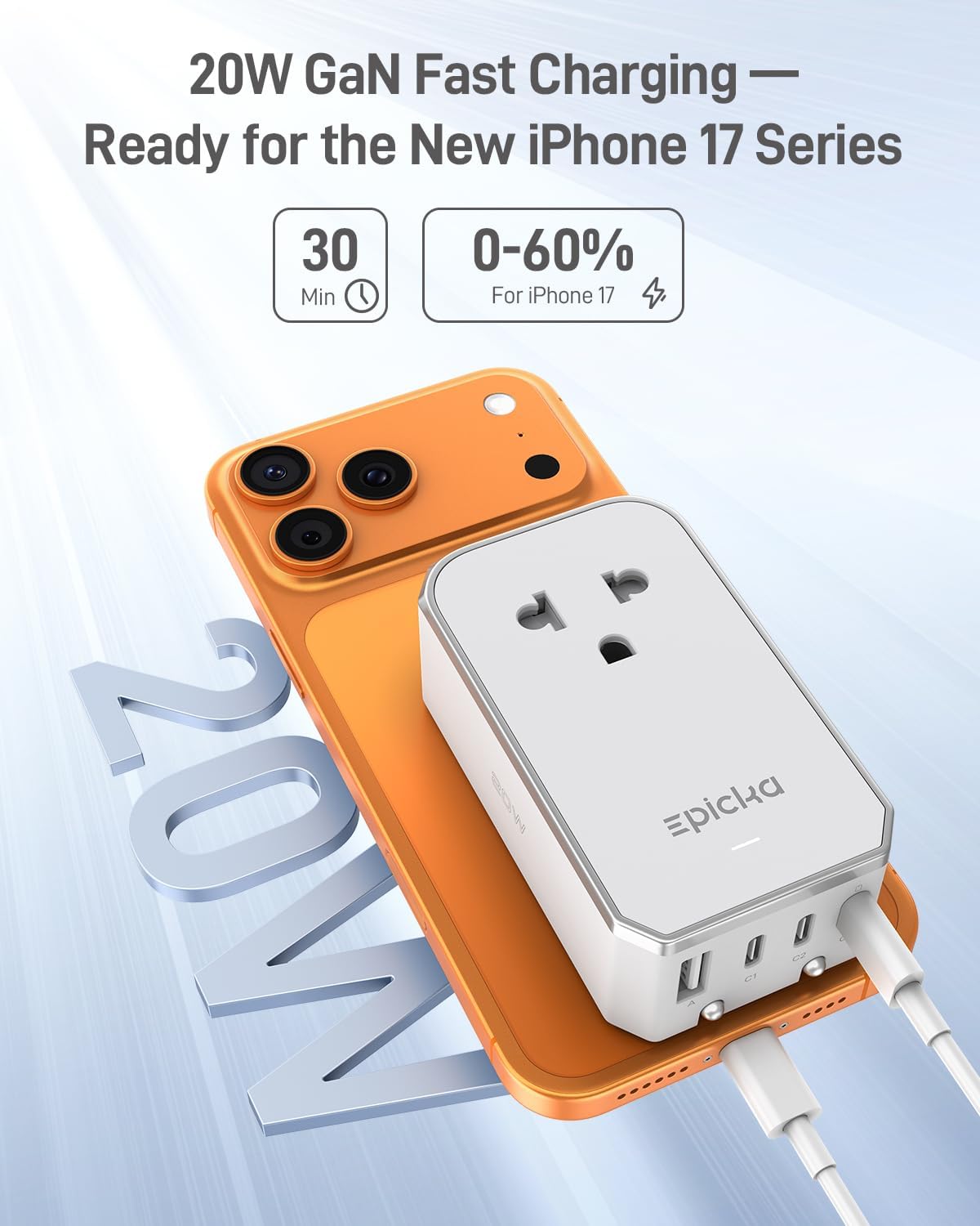 EPICKA Air 20W Universal Travel Adapter PD&QC with 1AC/3USB-C/1USB-A