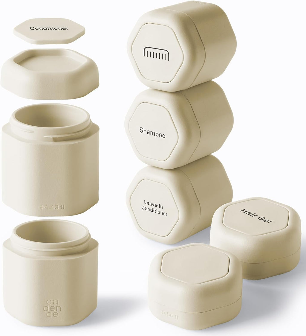 Cadence Travel Containers - 6 Piece Haircare Set - Magnetic Travel Capsules - 2 Small & 4 Medium Capsules - Shampoo, Conditioner, Leave-In Conditioner, Comb, Hair Serum, Hair Gel Labels - Sand