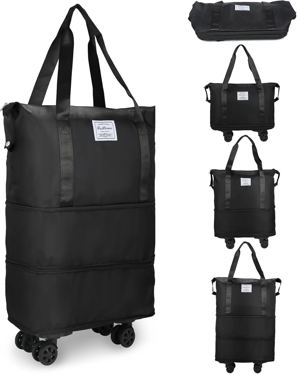 Rolling Duffle Bag with Wheels, Expandable Foldable Duffle Bag for Travel, Rolling Under Seat Luggage Carry on Duffel Bags, Wheeled Travel Duffel Weekend Bags, Capacity 18L to 30L (Black)