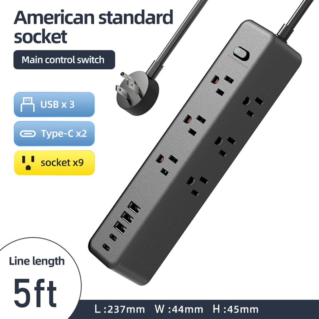 Surge Protector Power Strip，5ft 9 Widely Spaced Outlets, 3 USB A & 2 USB C Ports, Flat Plug Long Extension Cord for Travel Home Office Entertainment, Black