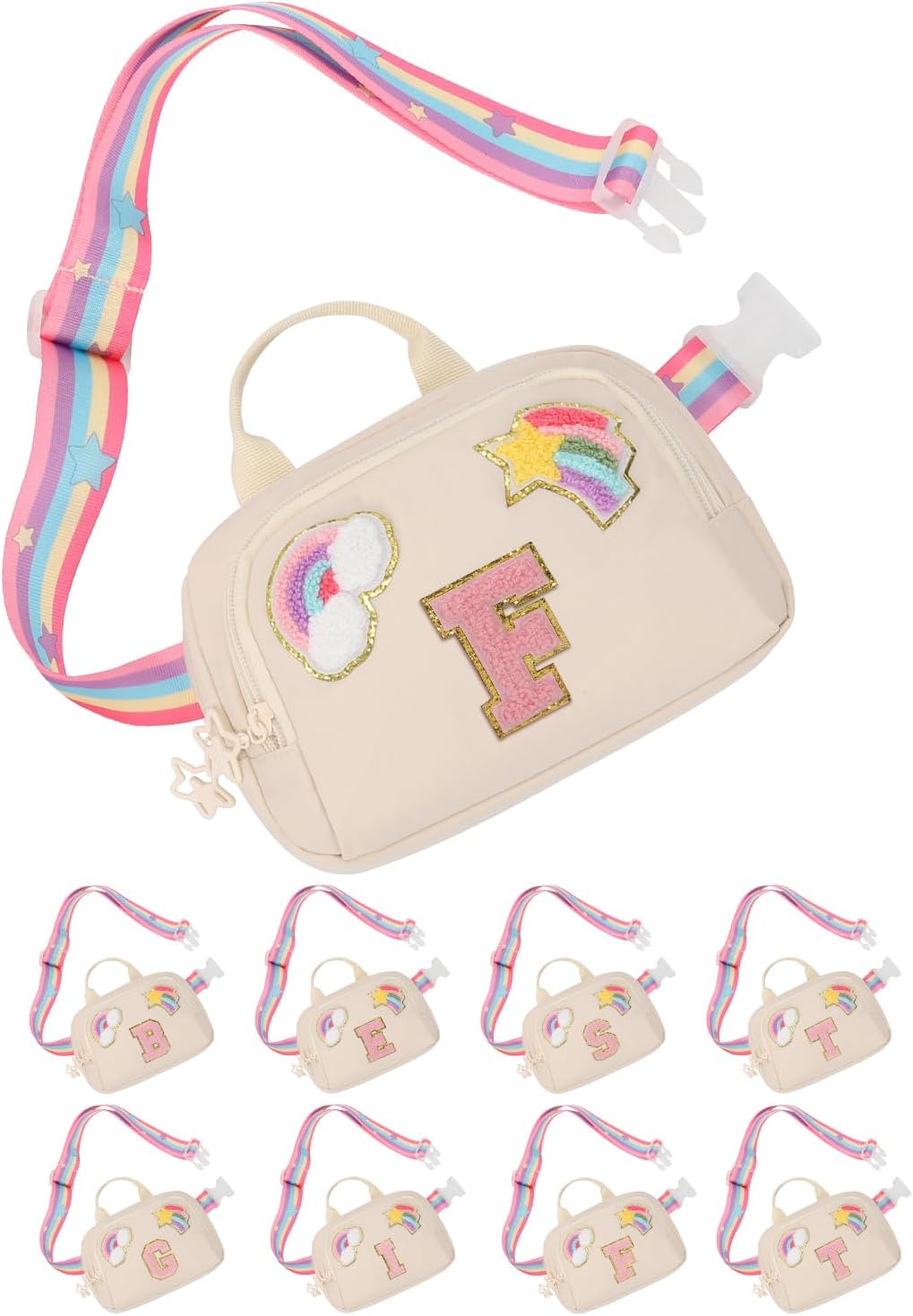 Fanny Pack for Girls, Cute Purse for Girls Teens Crossbody Bag for Kids Belt Bag With 2 Compartments Trendy Stuff Graduation Birthday Gifts for 4 5 6 7 8 9 10 11 12 13 Years Old Beige Initial F