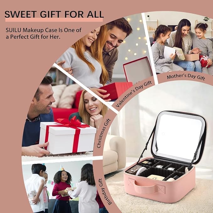 Makeup Bag with Led Mirror,with 3 Color Setting & 10x Magnifying Mirror, Portable Storage and Adjustable Dividers Travel Makeup Bag,for Women and Makeup Artists Large Vanity Makeup Cases-Pink