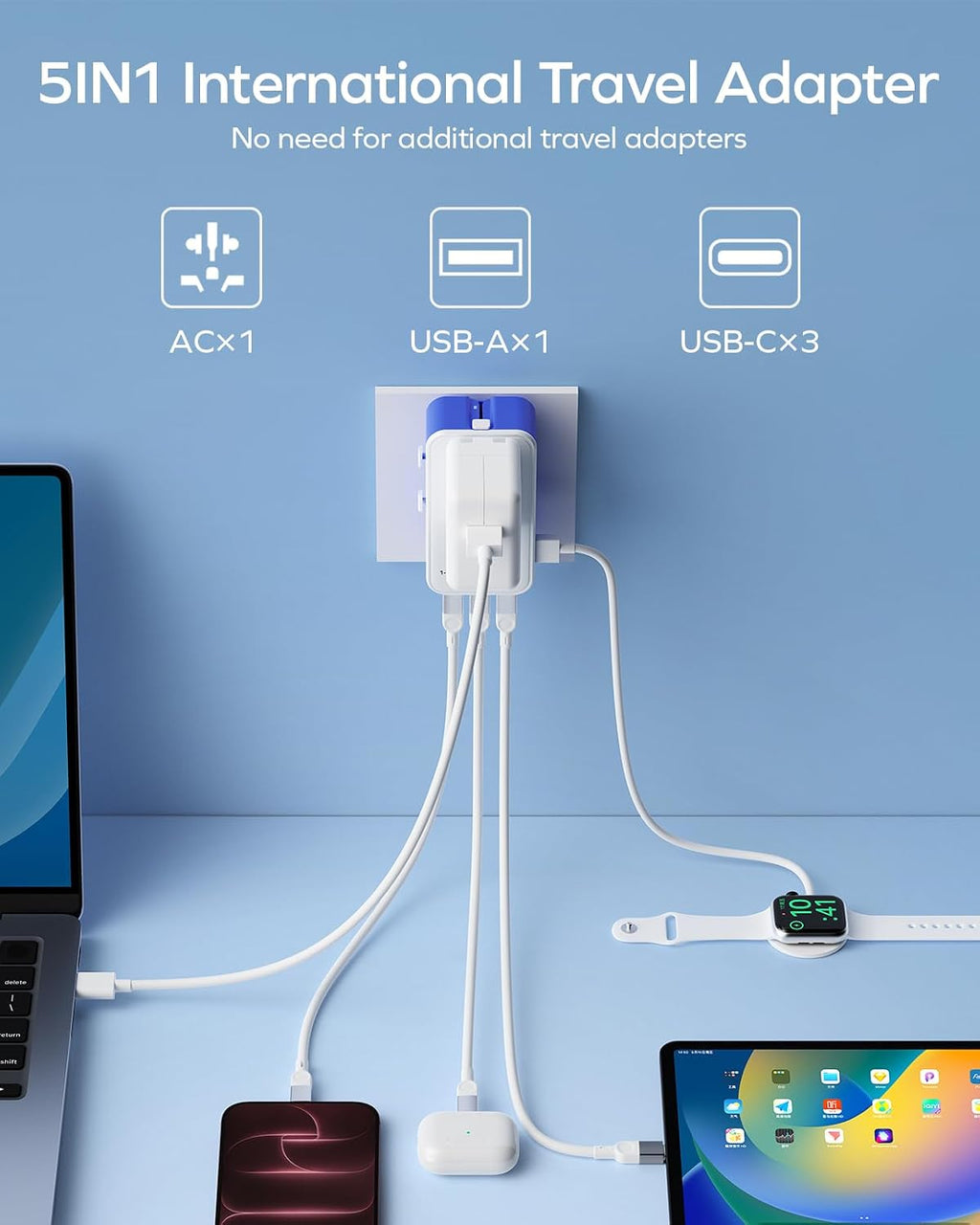(2026 NEW) MOMAX Universal Travel Adapter, Ultra-Thin 70W GaN International Plug Adapter with 3 USB-C, 1 USB-A and AC Outlet, Works in 200+ Countries, Not a Voltage Converter, for International Travel