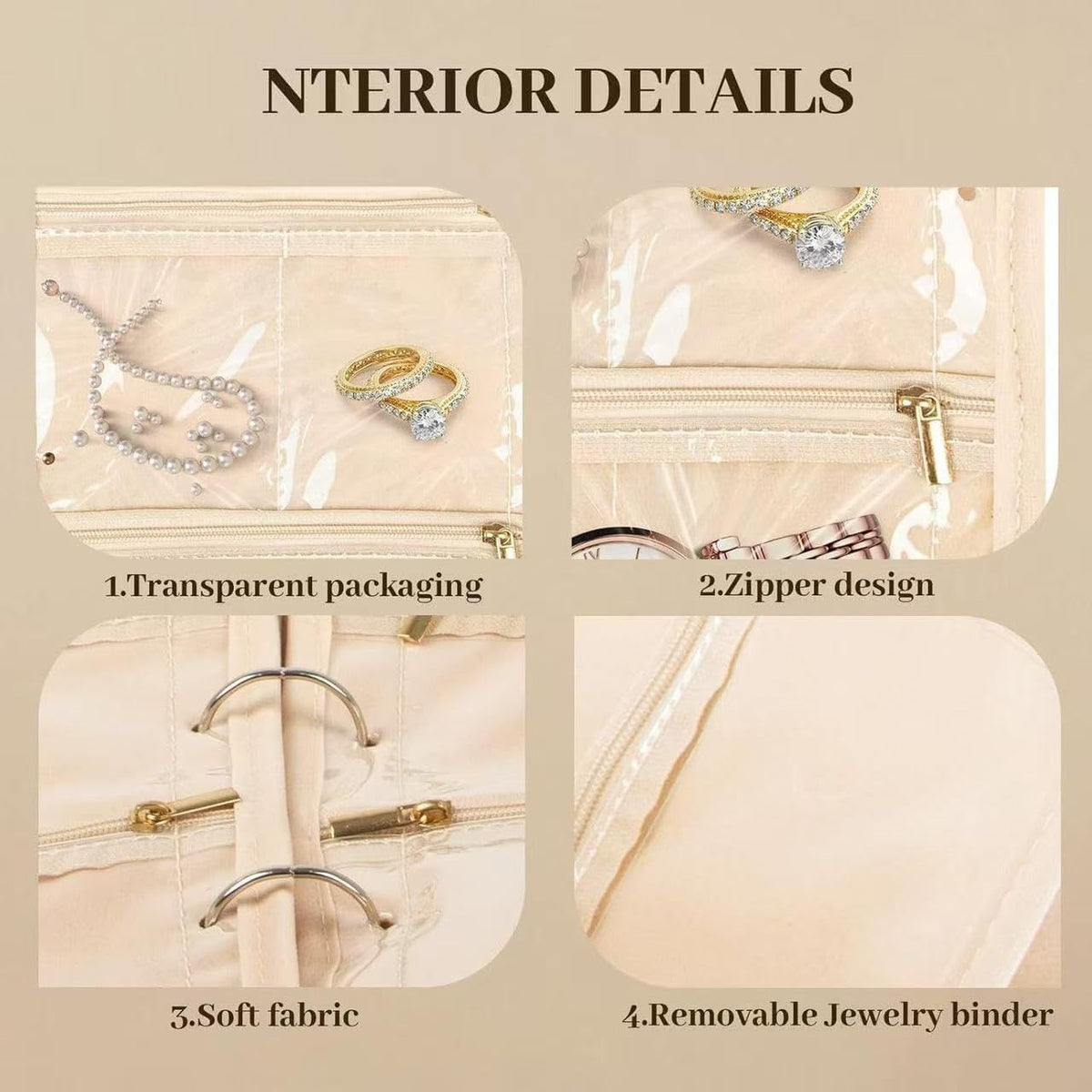 GSXRB Jewelry Organizer Travel Portable Earring Necklace Ring Jewelry Organizer Large Capacity Foldable Multi-Layer Classified Storage Bag Waterproof Antioxidant Organizer (beige)