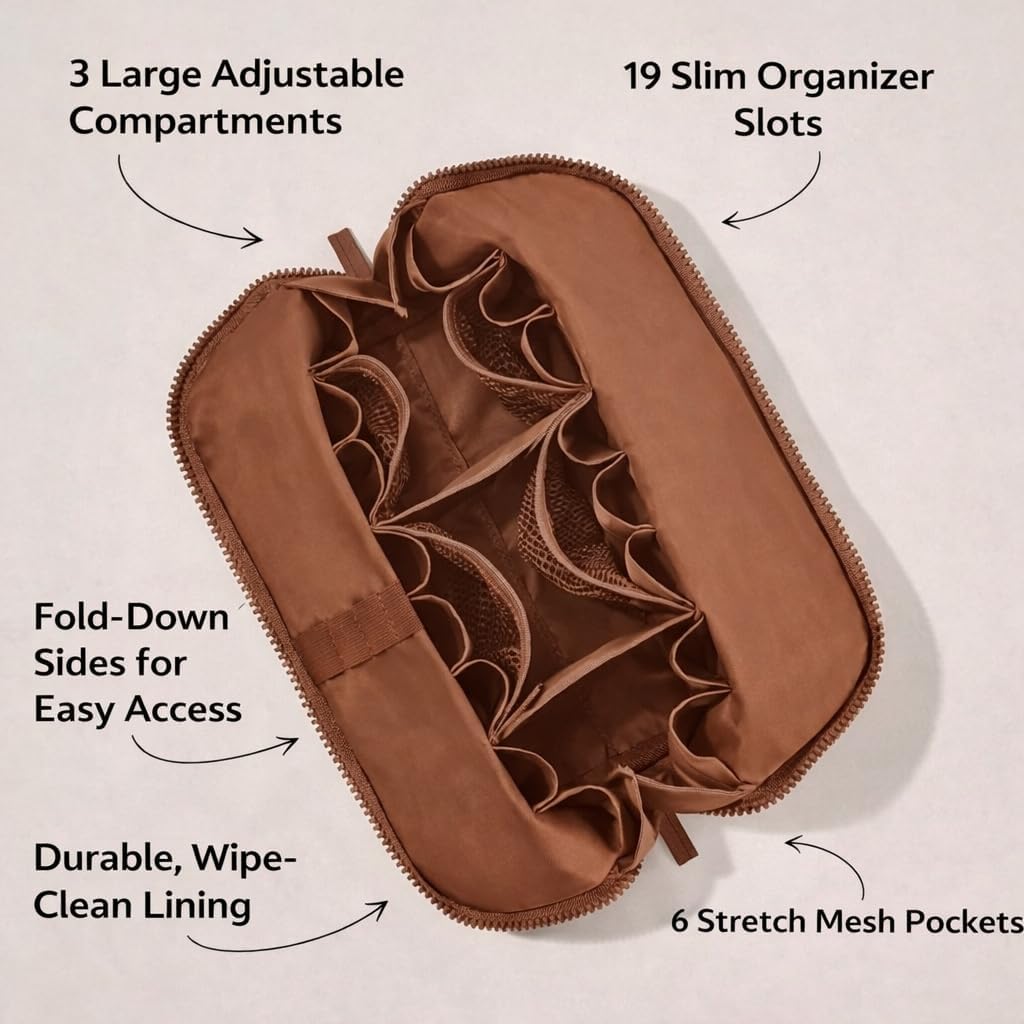 APT 1101 Standing Foldable Makeup Bag for Travel, Vertical Folding Down Design, Organized Cosmetic & Skincare Bag