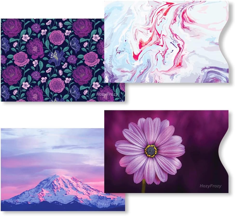 8 RFID Blocking Sleeves, Unique Designs and Arts in Purple, Anti-Theft Credit Card Holder, Credit Card Protector, Easy to Recognize, Sturdy and Perfect size for cards